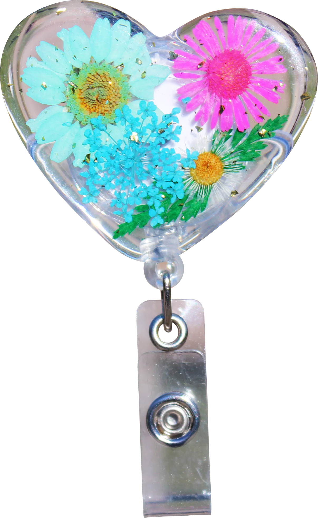 Pink and Blue Flower Heart Glitterific Badge Reel